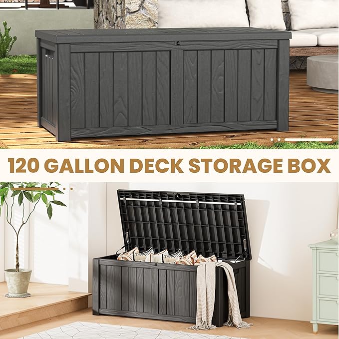 Deck Box, 120 Gallon Outdoor Storage Box Lockable Patio Waterproof for Furniture, Garden Tools, Sports Equipment and Pool Supplies, Waterproof, Resin, Lockable
