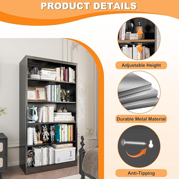 66" Tall Metal Bookcase, 5 Shelf Black Bookcase with Adjustable Shelves, Large Bookshelves and Bookcases, Modern Book Shelf Storage Organizer for Living Room, Home Office, Library (Black)