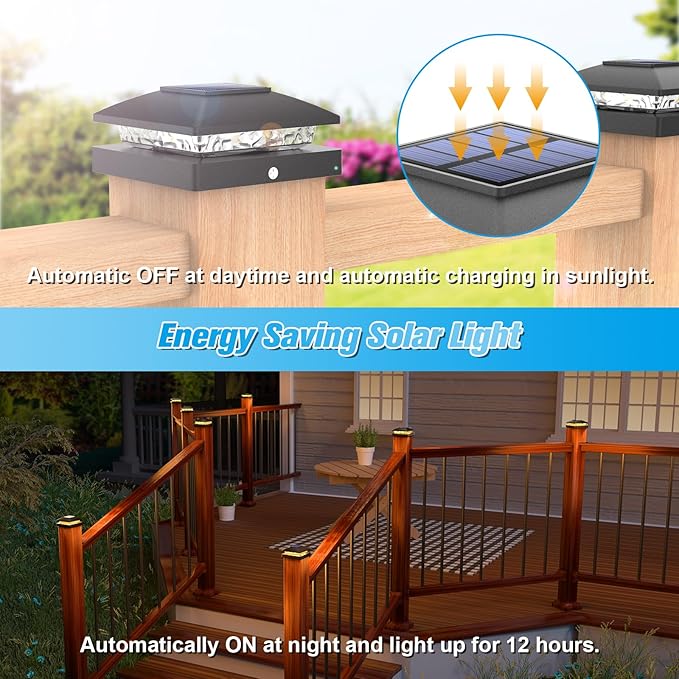 VOLISUN 4x4 Solar Post Cap Light 8pack,Solar Fence - Cap Lights Outdoor Waterproof for Wooden/Vinyl Post,Black Deck Post Cap Light Solar Powered with Warm White for Garden/Patio/Porch