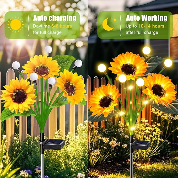 Solar Garden Lights Outdoor - Upgraded 4 Pack Solar Sunflowers Outdoor Waterproof with Firefly Lights,Garden Decor for Outside Yard Patio Lawn, Gardening Gifts for Mom Women Grandma