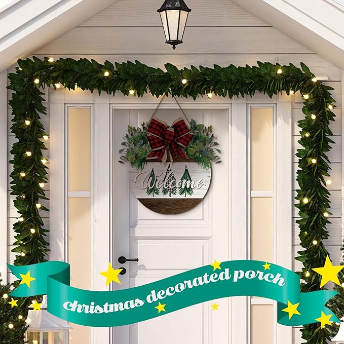 Boao Welcome Door Decoration Christmas Front Door Sign Christmas Tree Wooden Hanger with Bow Wreaths for Xmas Outdoor Farmhouse Porch Decor