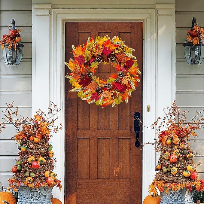 Fall Wreaths for Front Door, 24" Autumn Wreath with Berry Wood Maple Leaves and Pine Cones, Orange Thanksgiving Wreath for Outside Indoor Wall Window Home Festival Decor