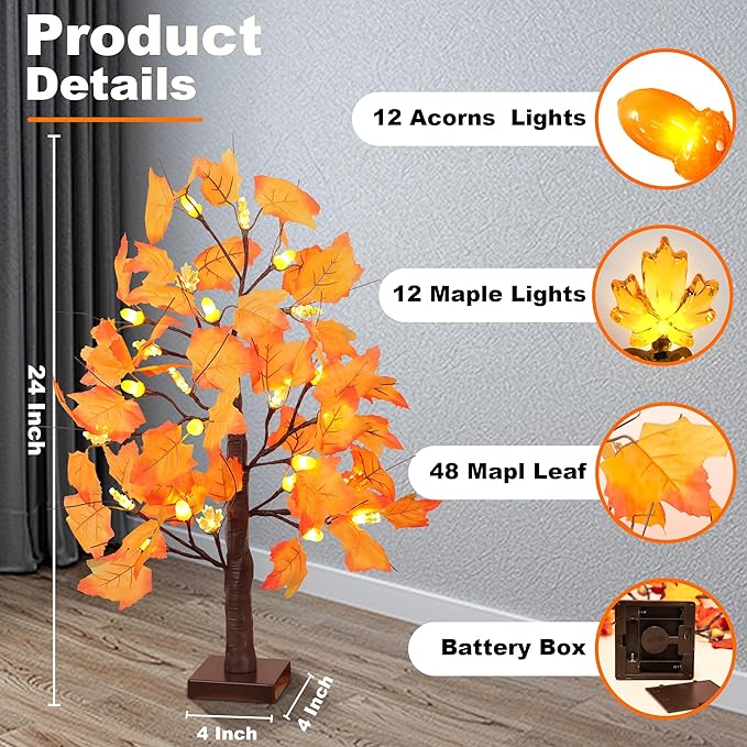 2 Pack 24 Inch Prelit Fall Maple Tree Fall Decorations for Home with 48 LEDs Battery Operated Timer Lighted Acorn Maple Tabletop Light Up Tree for Office Fall Decor Thanksgiving Decorations Indoor