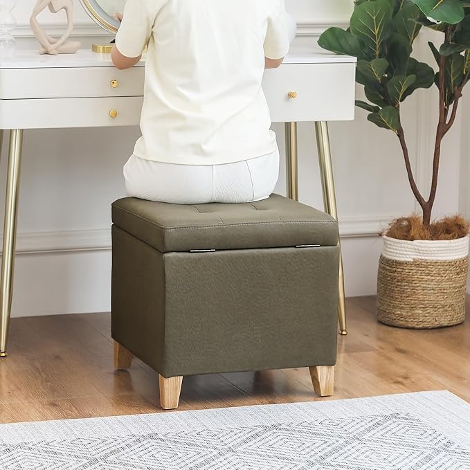 Adeco Fabric Storage Ottoman Bench with Solid Wood Legs, 17.7" Square Olive Green Leathaire Cube Foot Stool, Upholstered Button Tufted Vanity Chair with Hinged Lid for Living Room, Bedroom, Dorm