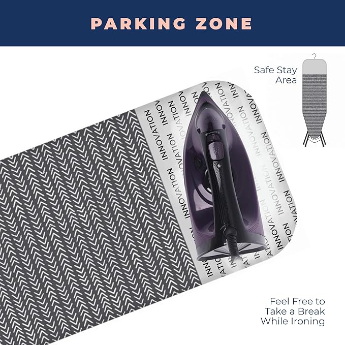 Happhom Ironing Board, Compact and Space Saver Iron Board, Safety Ironing with Park Zone and 4 Layers Extra Thick Cover, Patented Lock System for Foldable Leg, Easy Storage with Smart Hanger (13x43)