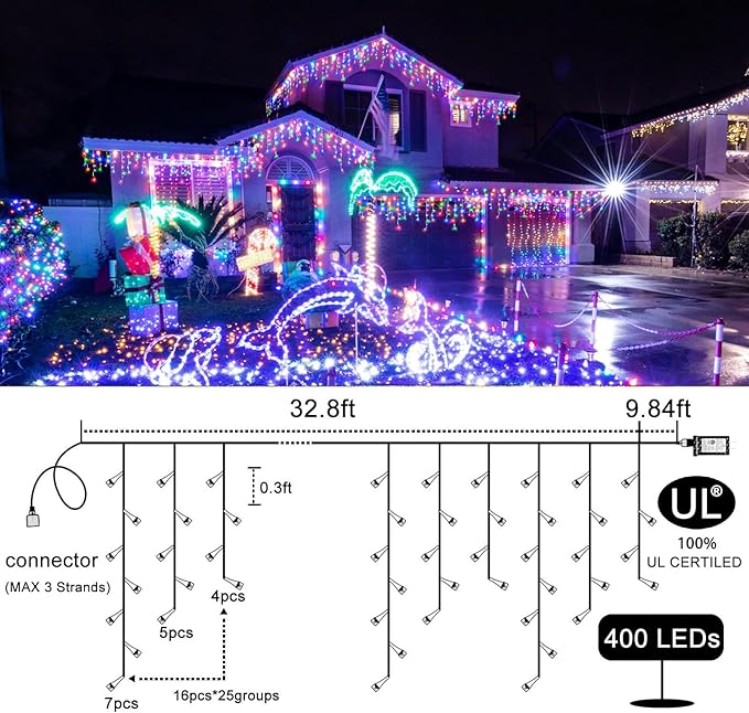 Icicle Christmas Lights Outdoor - 66ft 640 LED Icicle Lights for Outside with 120 Drops, Waterproof Plug in Christmas Light with Timer for Party, Holiday, Wedding, Christmas Decoration, Multicolor