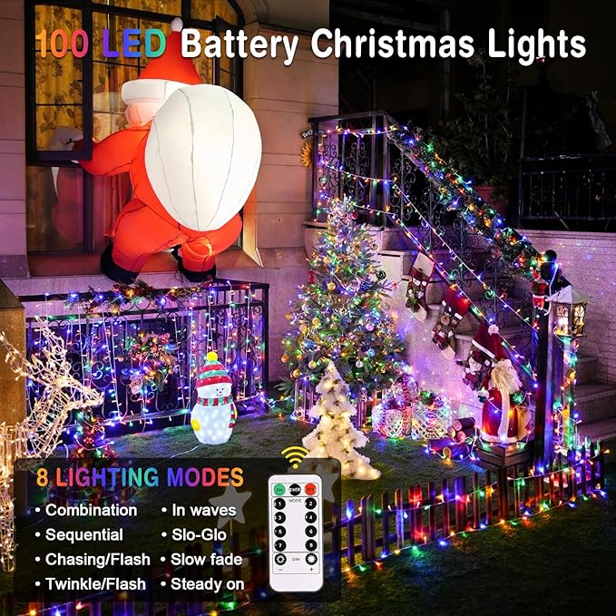 JMEXSUSS Multicolor Christmas Lights Battery Operated with 8 Modes Remote Waterproof, 33ft 100 LED Battery Christmas Lights Indoor Outdoor for Tree Home Party Room Garden Decor