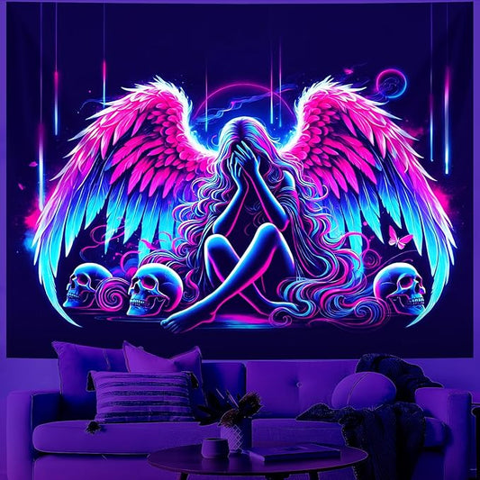 Blacklight Tapestry,WingTapestry Glow In The Dark,UV Reactive Black Light Upright Posters Wall Hanging for Bedroom Dorm Living Room Backdrop Decor (wing1, 59L" x 51W")
