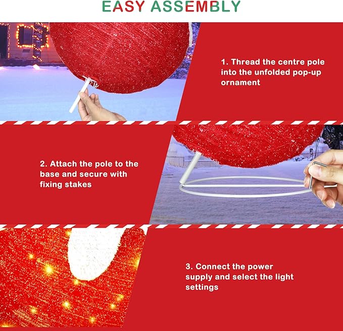 BRIGHTDECK Outdoor Christmas Ornaments, Lighted Pop-Up Outdoor Holiday Ball Decoration with 80 LED Lights, 8 Light Modes, Lighted Collapsible Holiday Decorations for Yard, Home (Red)