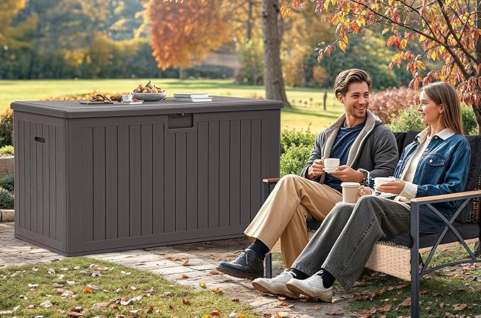 YITAHOME 200 Gallon Extra Large Deck Box, Double-Wall Resin Outdoor Storage Box with Flexible Divider for Patio Cushions Pool Supplies Garden Tools, 990 lbs Load Capacity, Lockable (Brown)