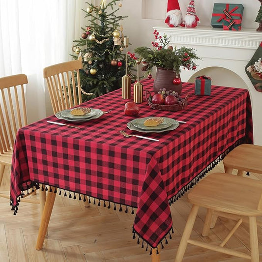 JIALE Gingham Tablecloth Rectangle Cotton Linen Fabric Checkered Table Cloth with Tassel Washable Wrinkle Free Buffalo Plaid Table Cover for Christmas, Party Kitchen Dining,red and Black, 55x90