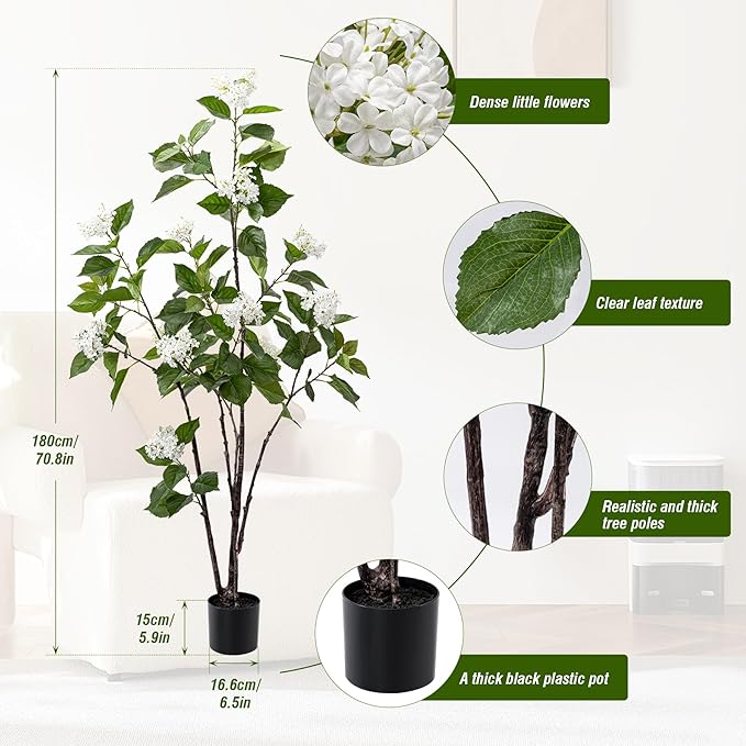 Fake Plants Home Decor Artificial Plants Outdoor Hydrangea Artificial Plants Indoor Fake Tree Living Room Decor Artificial Tree Porch Decor Fiddle Leaf Fig Tree 6Ft (White)