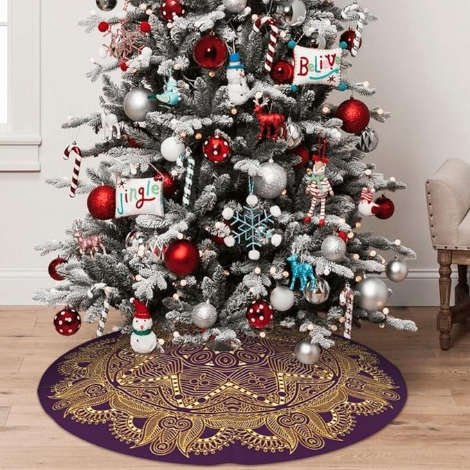 36" Dark Amethyst Purple Mandala Star Christmas Tree Skirt Tree Mat Base Cover for Xmas Festive Holiday Party Decoration Ornaments