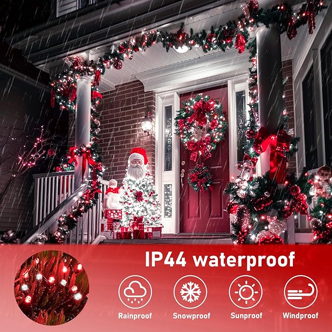JMEXSUSS 66ft 200 LED Red and White Christmas Lights, Outdoor String Plug-in, Expandable for Tree Outside Party Home Decorations