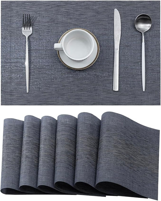 Leetaltree Denim Blue Placemats Set of 6 - Heat Resistant Non-Slip Place mats for Dining Table, Washable Durable PVC Vinyl Woven Table Mats（Denim Blue, 6）