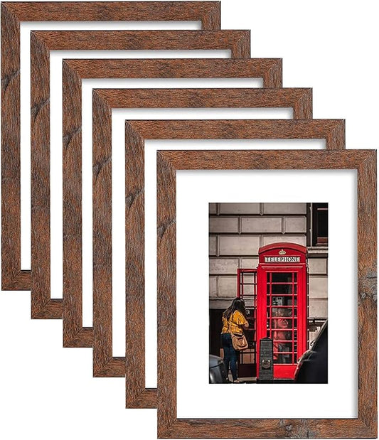 8x10 Picture Frame Set of 6, Display Pictures 5x7 with Mat or 8x10 Without Mat for Wall Mounting, Rustic Brown