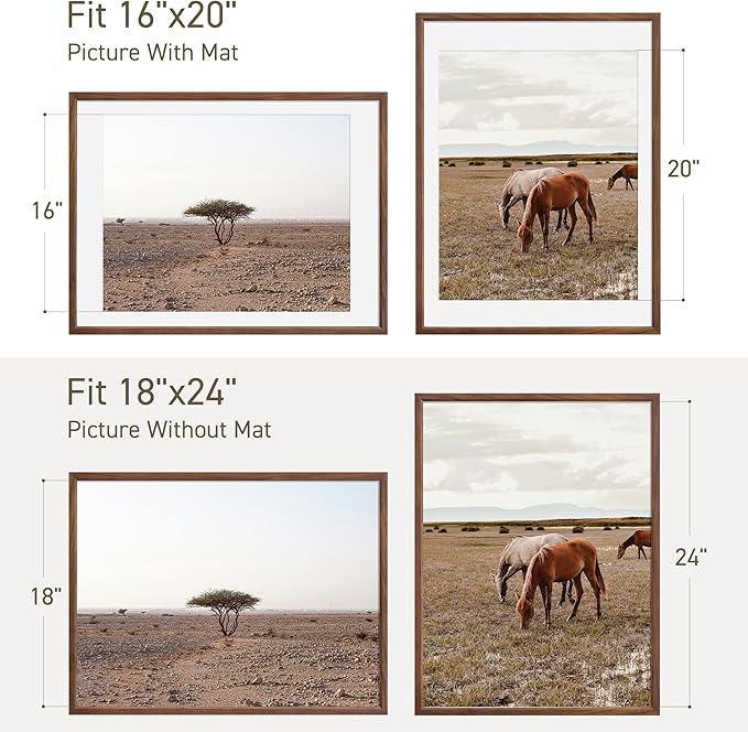18x24 Poster Frame Set of 4 Natural Solid Walnut Photo Frames with 16x20 Removable Mat Wall Hanging Large Handcrafted Frame with HD Plexiglass Wall and Tabletop Display Large Picture Frame