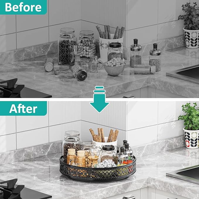 Ovicar Lazy Susan Organizer Turntable - 11 inch Rotating Spice Rack Metal Lazy Susan for Cabinet Pantry Kitchen Countertop Dining Table Cupboard Bathroom Refrigerator Vanity Black