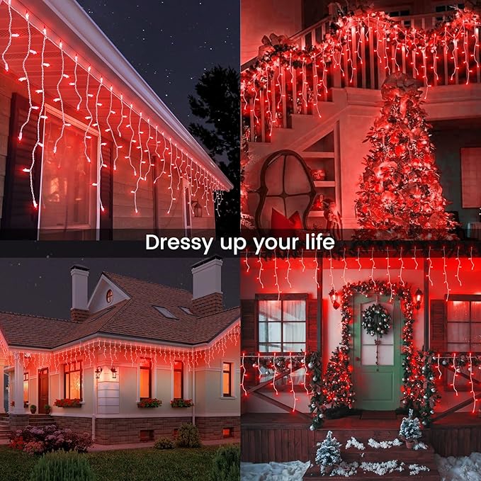 23FT 200Count Red Icicle Lights,White Wire Icicle Mini Lights Plug in with 40 Drops,Hanging Curtain Fairy String Light Connectable for Christmas Valentine's Day Halloween Party Decorations