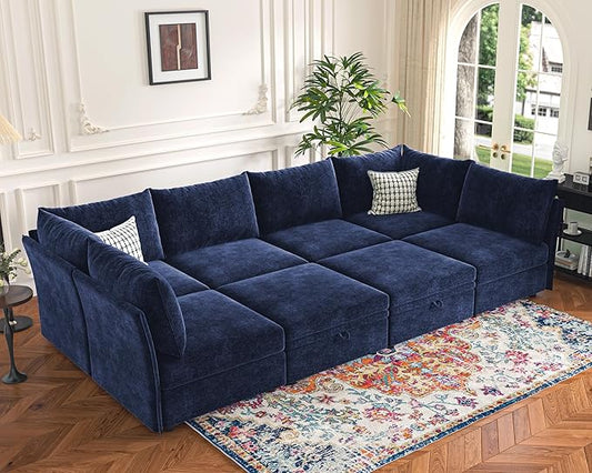 136.4" Oversized Modular Sectional Sleeper Sofa Bed, U Shaped Convertible Couch with Movable Ottoman, Large 8 Seat Corner Couches for Living Room Deep Seat Blue Chenille