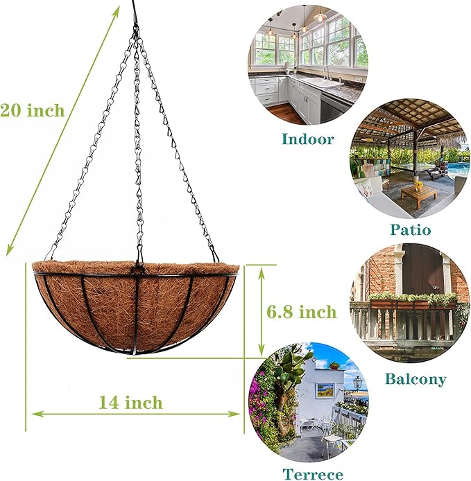 Hanging Planters Basket Outdoor Indoor(14 inch 4 Pack)-Coconut Coir Hanging Baskets for Plants Outdoor,Metal Wire Baskets with Coco Liner Window Box Planters, hanging Flower Pots For Railings…