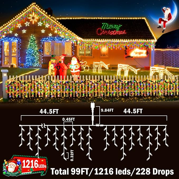 KNONEW 99ft 1216 LED Christmas Lights Outdoor 8 Modes Curtain Fairy String Light with 228 Drops, Clear Wire LED String Light Decor for Wedding Party Christmas Decorations(Multicolor)