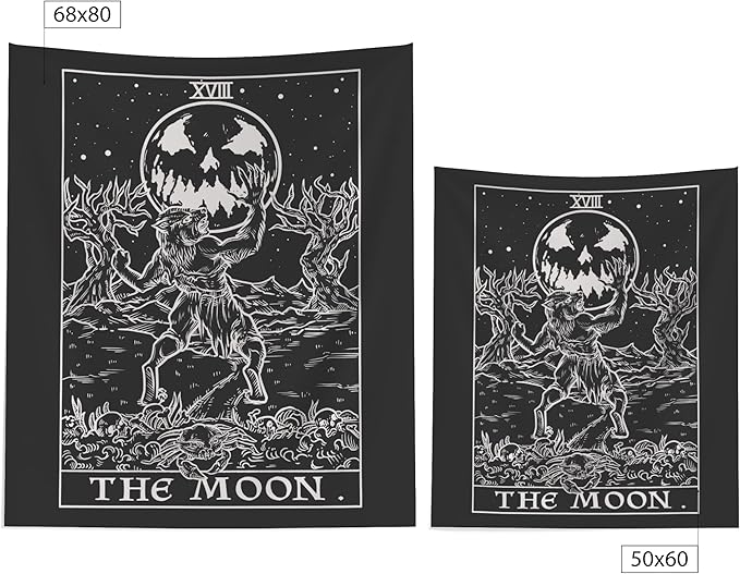The Moon Tarot Card Tapestry (Black & White) - Werewolf - Gothic Halloween Home Decor Wall Hanging (60" x 50")