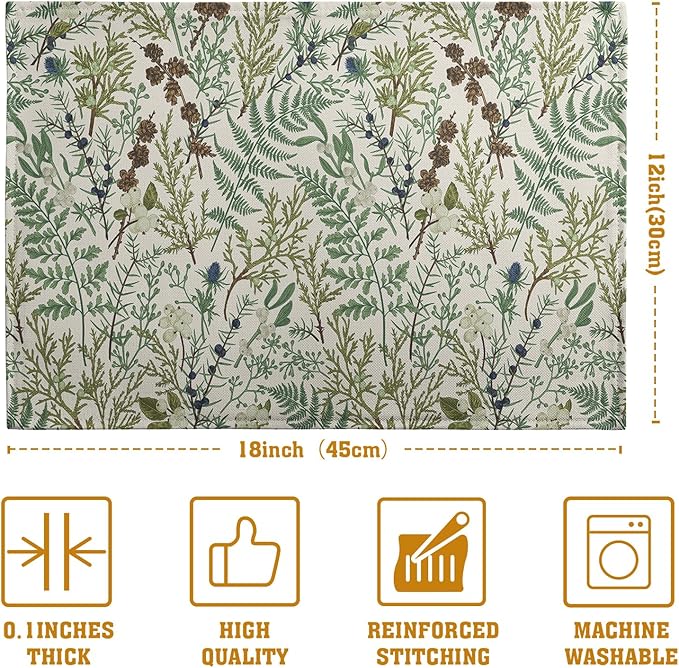 Sage Green Botanical Floral Placemats Set of 4 Vintage Tropical Herbs Fern Leaves Place Mats 12x18 Inch Seasonal Plant Spring Summer Linen Fabric Table Mats for Party Kitchen Dining Decor