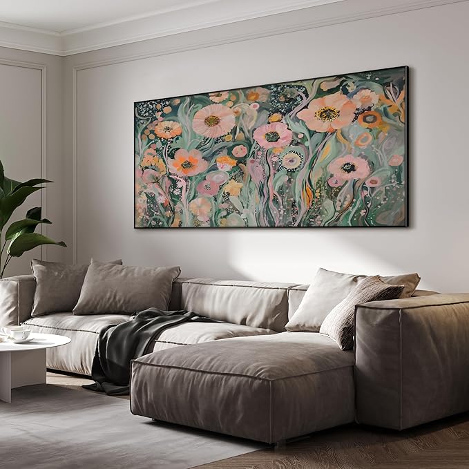 SIGNWIN 24"x46" Extra Large Framed Wall Art Whimsical Garden Bloom, Colorful Abstract Floral for Home Living Room Bedroom Decor (Frame Assembly Required)