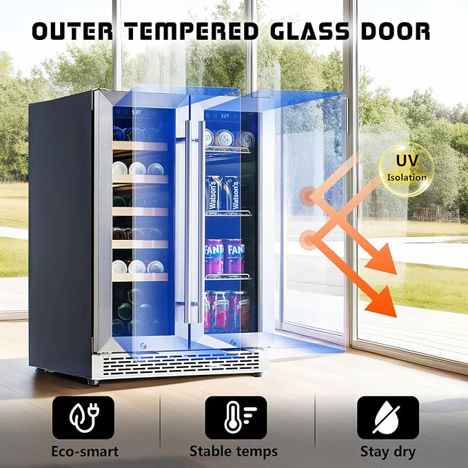 Albott Beverage Refrigerator - 24-Inch Dual Zone Cooler with Glass Door, Freestanding/Under Counter Wine and Beer Fridge, Holds 20 Bottles & 78 Cans, Ideal for Kitchen, Bar, Office, 34-64℉ & 41-68℉