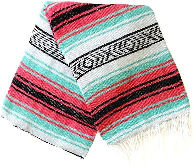 Del Mex Classic Mexican Blanket, Large Authentic Woven Falsa Throw (70"x50"), Artisan Southwest Décor for Beach, Yoga, Outdoors (Pink/Mint)