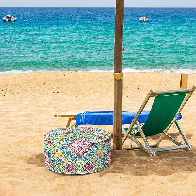 Inflatable Ottoman Stool D21 xH9 for Outdoor/Indoor Use, Water Repellent Patio Foot Rest Stool with Portable Handle,Round Pouf Ottoman Suitable for Garden,Deck and Camping - Damask Red