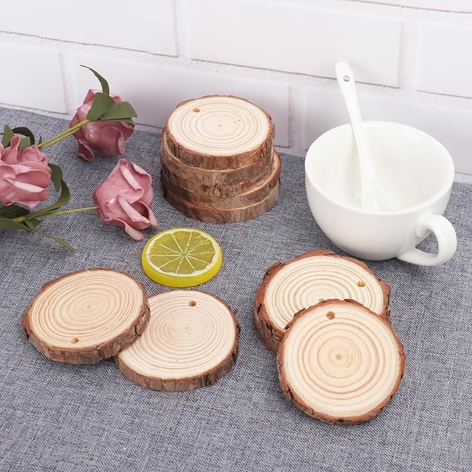 70 PCS 3 Inch Unfinished Wood Slices Hole Wood, Natural Wood Slices, Predrilled with Hole Wood Slice for DIY Arts Craft Christmas Ornaments by GNIEMCKIN