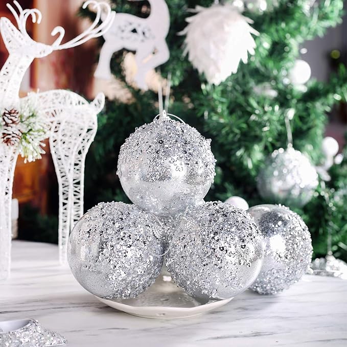 4" Christmas Ball Ornaments, 4pc Set Silver Shatterproof Christmas Decorations Tree Balls for Xmas Trees Wedding Party Holiday Decorations