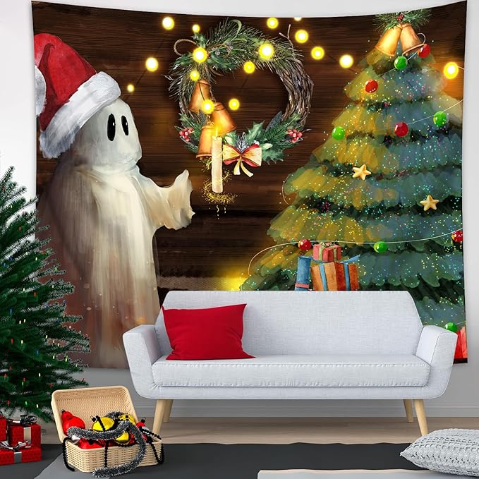 QGHOT Christmas Tapestry Wall Hanging Christmas Tree Backdrop Cute Ghost Wall Decor Xmas Holiday Tapestries for Kids Bedroom Living Room Dorm Party Decoration, Extra Large