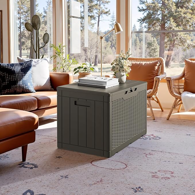 JUMMICO 100 Gallon Resin Deck Box, Waterproof Outdoor Storage Box with Lockable Lid for Garden Tools, Patio Cushions (Light Brown)