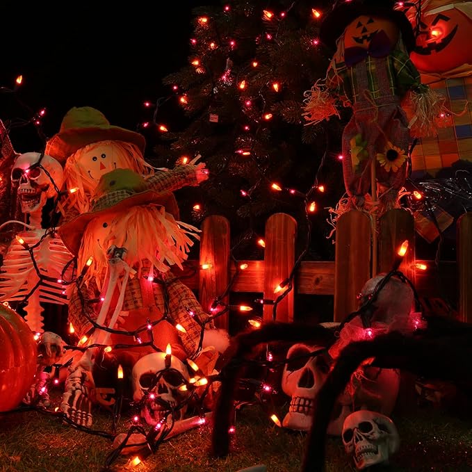 ODEETRONIC Purple Orange Lights, 21.63ft 100 Count Mini Incandescent Halloween Lights, 120V UL Certified Connectable Plugin Outdoor Tree Light, Brown Wire Indoor String Light for Party Spooky Decor