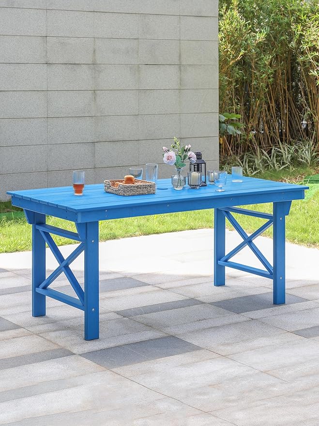 HDPE Outdoor Dining Table, 66.9” Rectangle Patio Dining Table for 6, All-Weather HDPE Outdoor Table with 2.2” Umbrella Hole, HDPE Patio Furniture for Deck, Backyard, Garden, Pool, Sky Blue