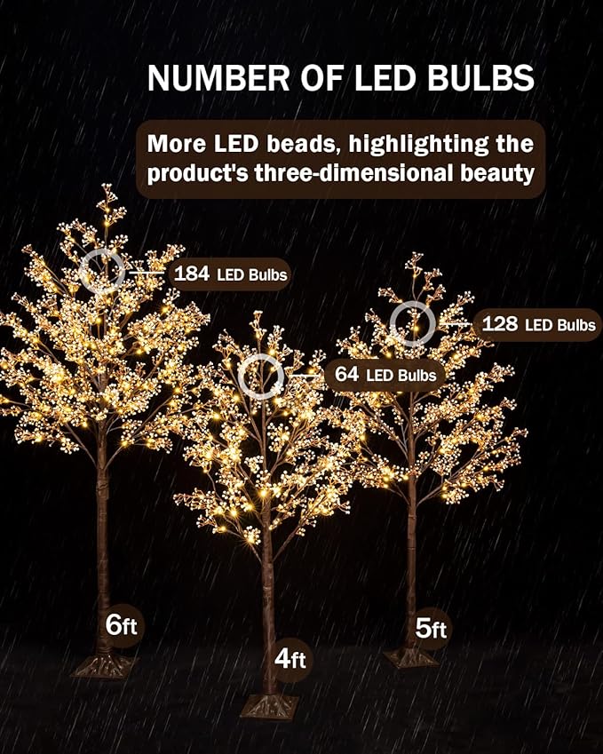 6ft Lighted Baby's Breath Tree with 184 Warm White LED Lights for Holiday Decor - Dimmable, UL Certified, Waterproof - Ideal for Indoor and Outdoor Decoration
