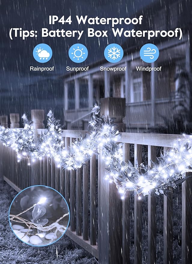 Outdoor Fairy Firecracker Lights Battery Operated, 5 Feet 60 LEDs Twinkle String Lights with Remote, 2 Pack Starry Lights for DIY Wreath Wedding Party Bedroom Mason Jar Holiday Christmas, Pure White