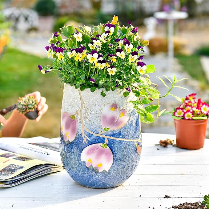 Sungmor 10.6 Inch Ceramic Succulent Plant Pot with Drainage Hole, Hand Painted Flower Pots for Plants, Unique Texture Decorative Planter for Indoor and Outdoor, Pottery Vase for Home Office Decor