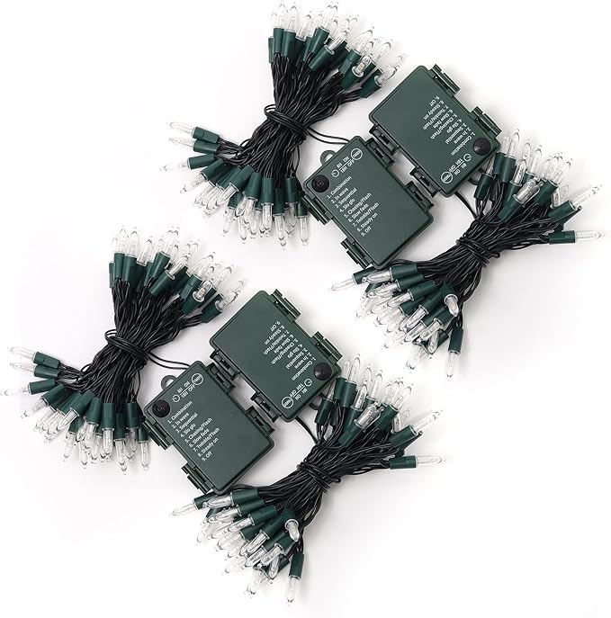 WATERGLIDE 4 Pack 50LED Outdoor Christmas Lights, 16FT Battery Operated Mini String Lights with 8 Modes & Timer, Xmas Tree Lights Waterproof for Patio Garden Party Wedding Holiday Decor, Warm White