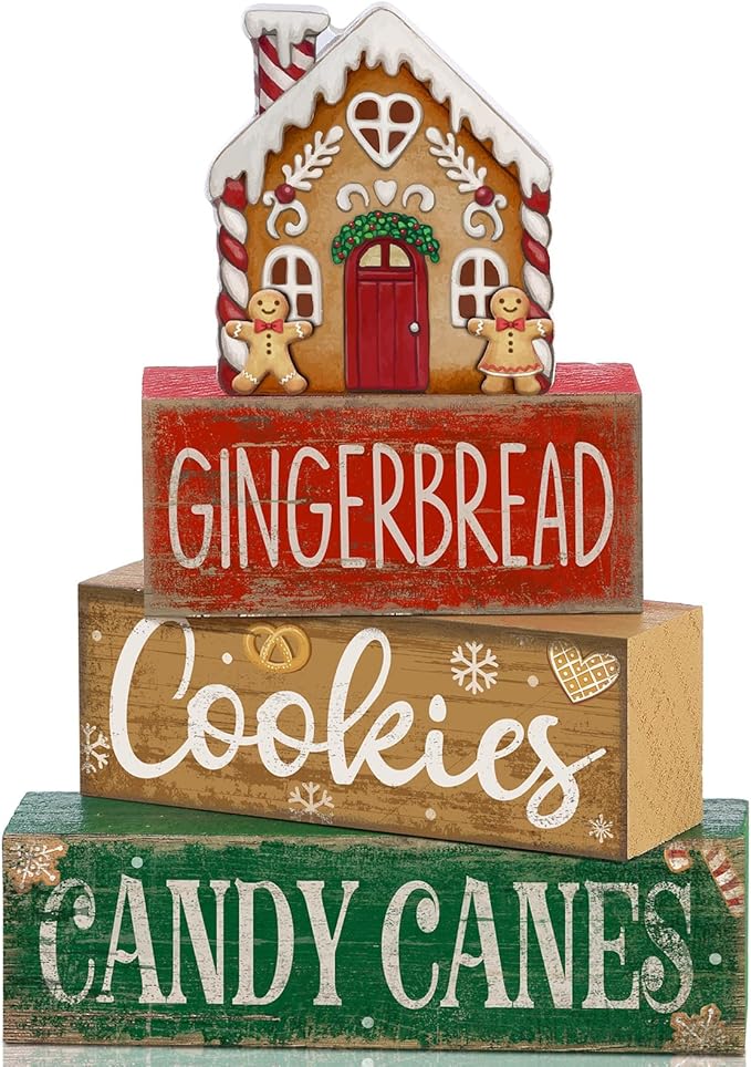 4 Pcs Christmas Table Decoration Wooden Gingerbread House Tiered Tray Decor Wood Rustic Gingerbread Block Signs Christmas Centerpiece Farmhouse for Home Tabletop Kitchen Shelf Party Gift