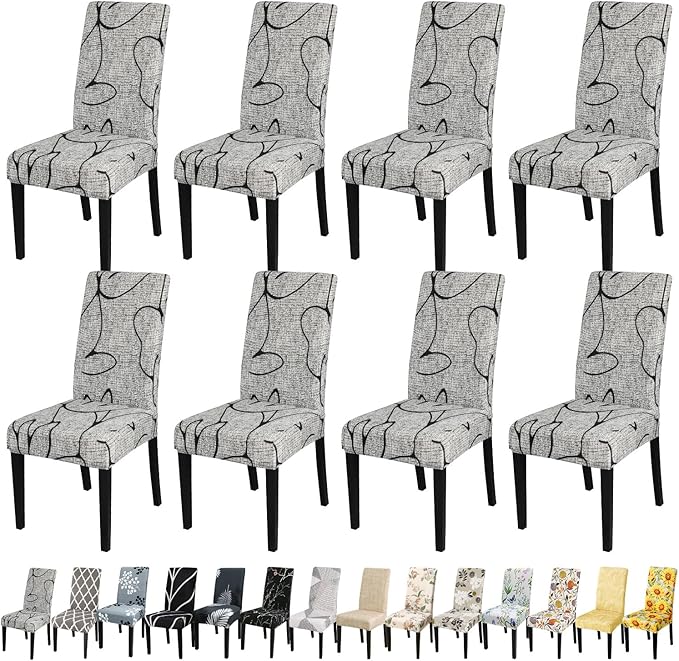 JQinHome Pattern Chair Covers for Dining Room Set of 8, High Stretch Removable Washable Parsons Chair Slipcover for Home Party Hotel Wedding Ceremony (8PCS, Lotus Gray)