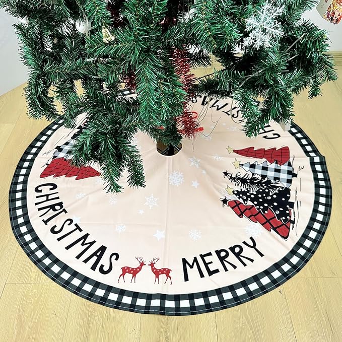 Christmas Tree Skirt 48 Inches Black White Buffalo Plaid Xmas Tree Skirt with Snowflake Merry Christmas Tree Skirts Christmas Tree Decorations for Christmas Holiday Home Decor Indoor Outdoor