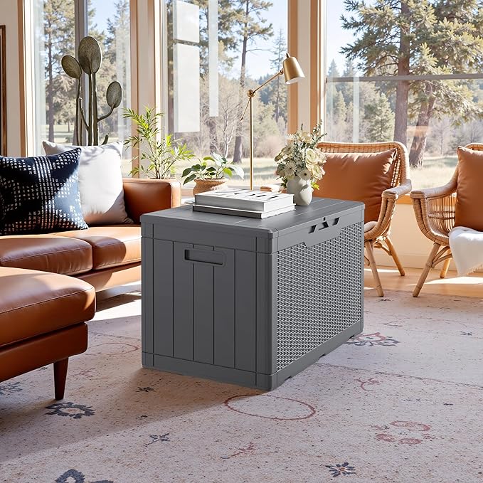 JUMMICO 100 Gallon Resin Deck Box, Waterproof Outdoor Storage Box with Lockable Lid for Garden Tools, Patio Cushions (Gray)