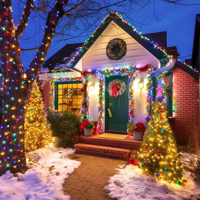 JMEXSUSS 2 Pack Warm White & Multicolor Solar Christmas Lights Outdoor, Each 100 LED 33ft Solar Color Changing Lights Outdoor Waterproof for Christmas Tree Decorations