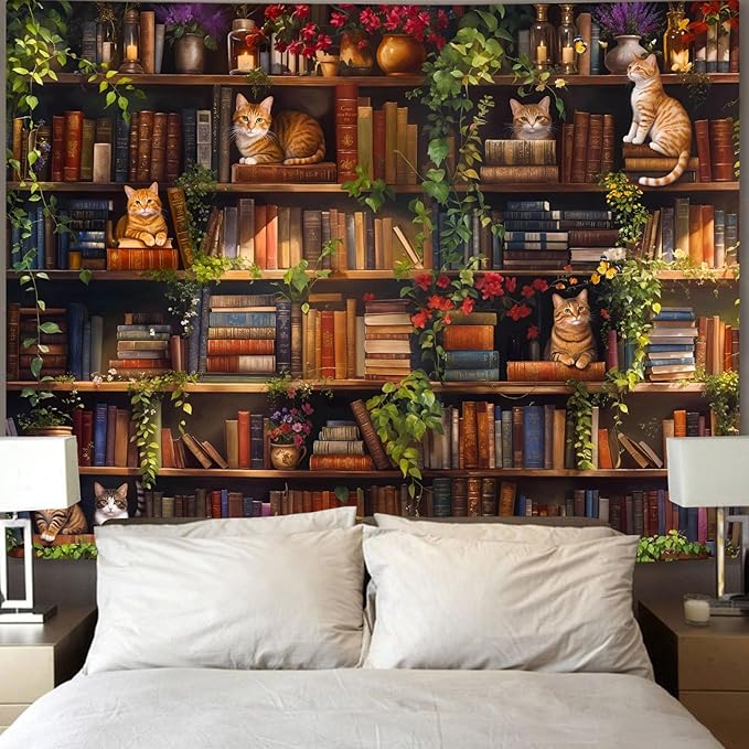 Accnicc Plant Cat Bookshelf Tapestry Botanical Floral Flower Cats Book Tapestries Wall Hanging Vintage Library Extra Large Tapestry for Bedroom Living Room Dorm 90 x 68 inch