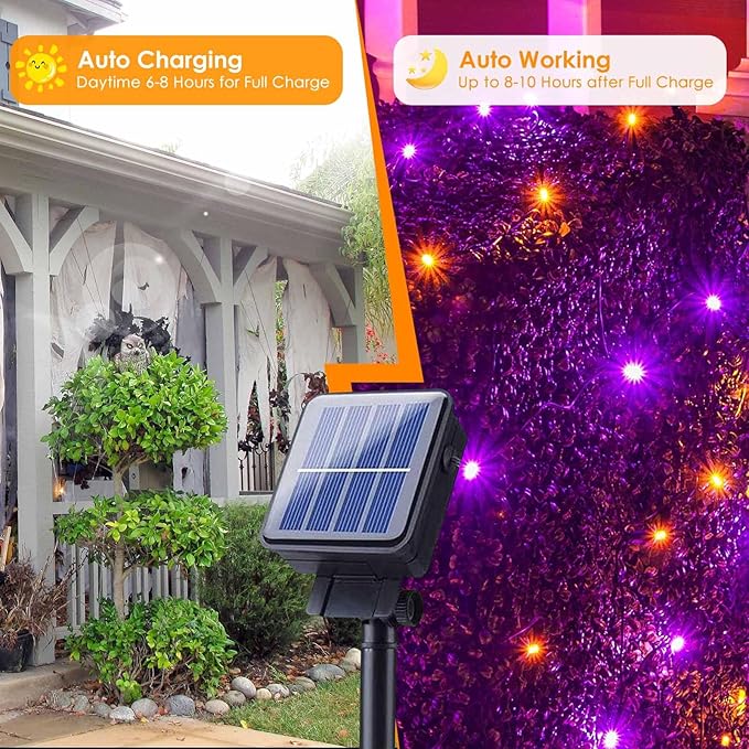 4pk Orange and Purple Solar Halloween Lights Outdoor Waterproof, 400LED 132FT Solar Powered LED String Lights Black Wire with 8 Modes, Solar Fairy Lights for Halloween Horror Party Tree Wedding Decor