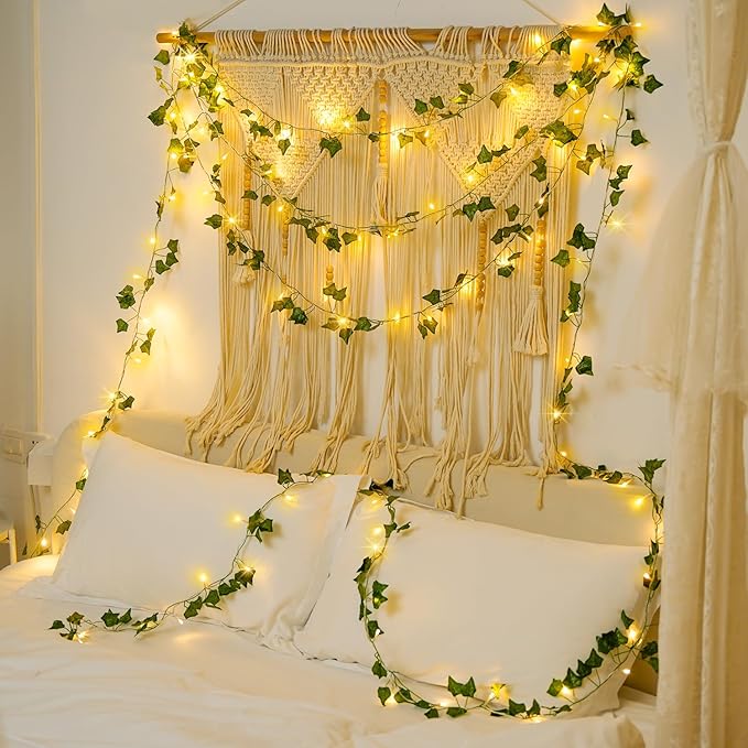 JMEXSUSS 100 LED Vines with Lights Plug in, Ivy Vines with Fairy Lights with Remote, 33 FT Leaf String Lights Waterproof for Room Bedroom Wall Fireplace Decoration（Warm White）